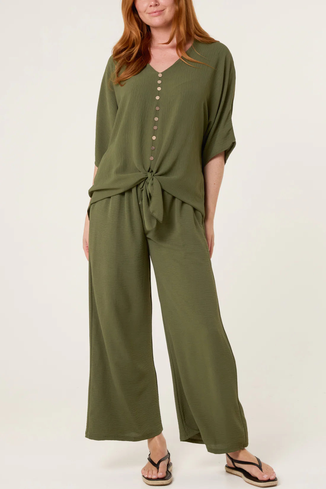 Button Tie Top & Trousers Co-ord Set – Khaki