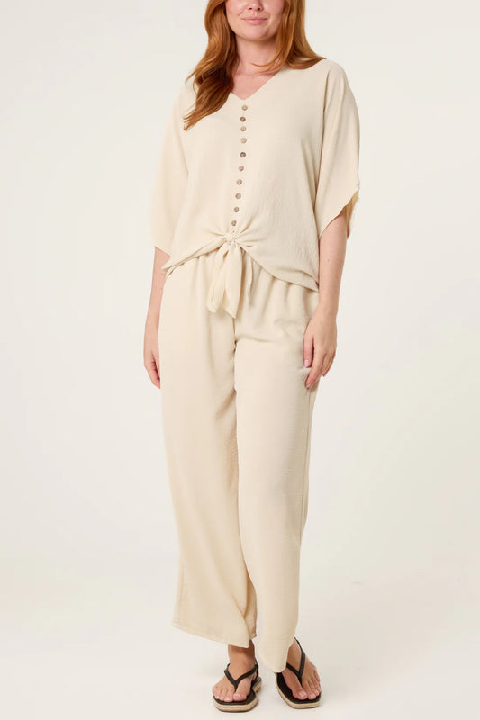 Button Tie Top & Trousers Co-ord Set – Cream