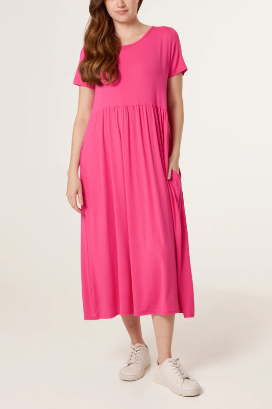 Stretch Tiered Midi Dress – Fushia