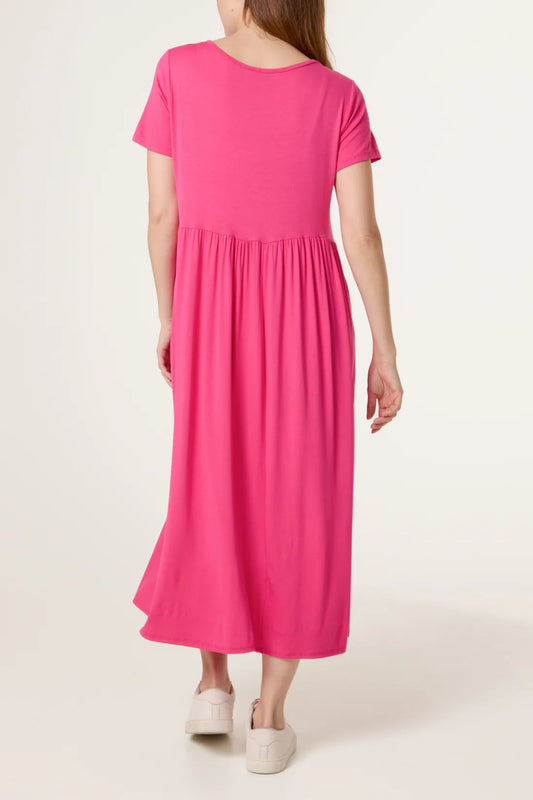 Stretch Tiered Midi Dress – Fushia