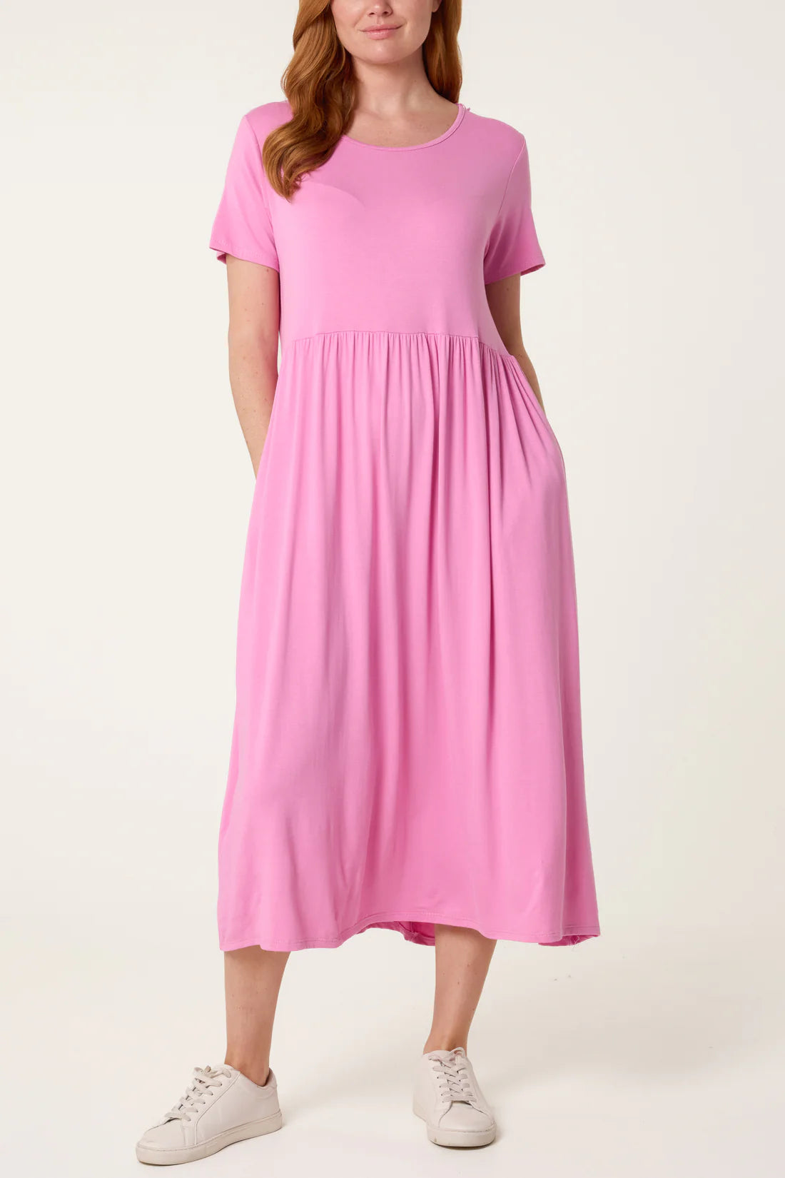 Stretch Tiered Midi Dress – Pink
