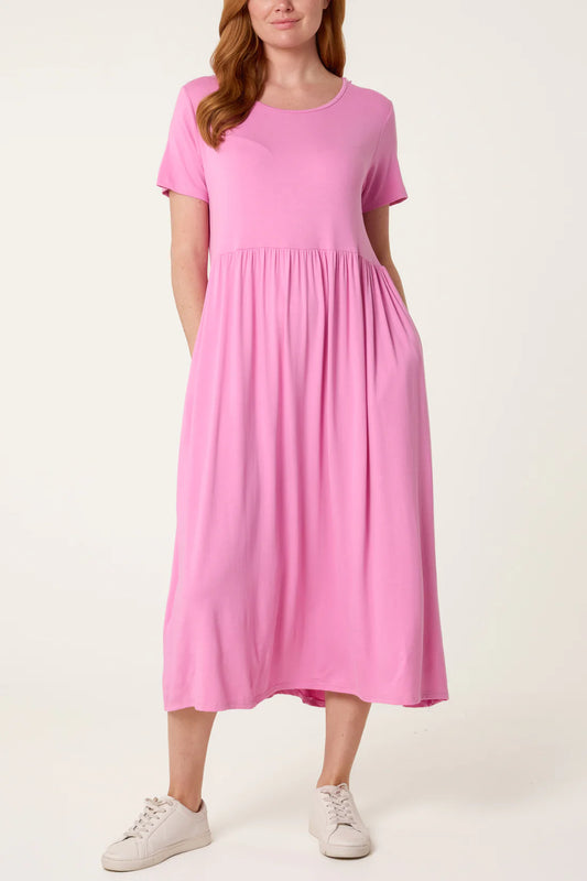 Stretch Tiered Midi Dress – Pink