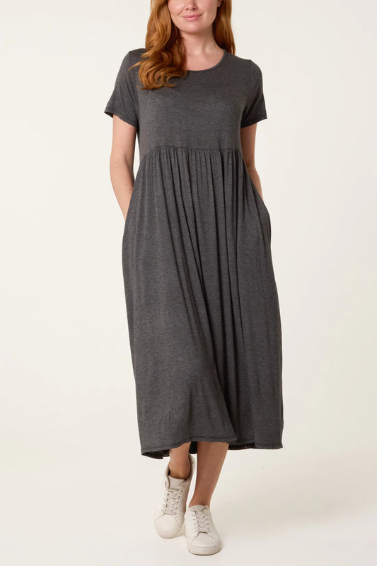 Stretch Tiered Midi Dress – Grey