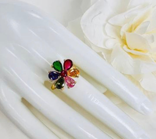 Rainbow Flower Petal Crystal Spinner Anxiety Ring