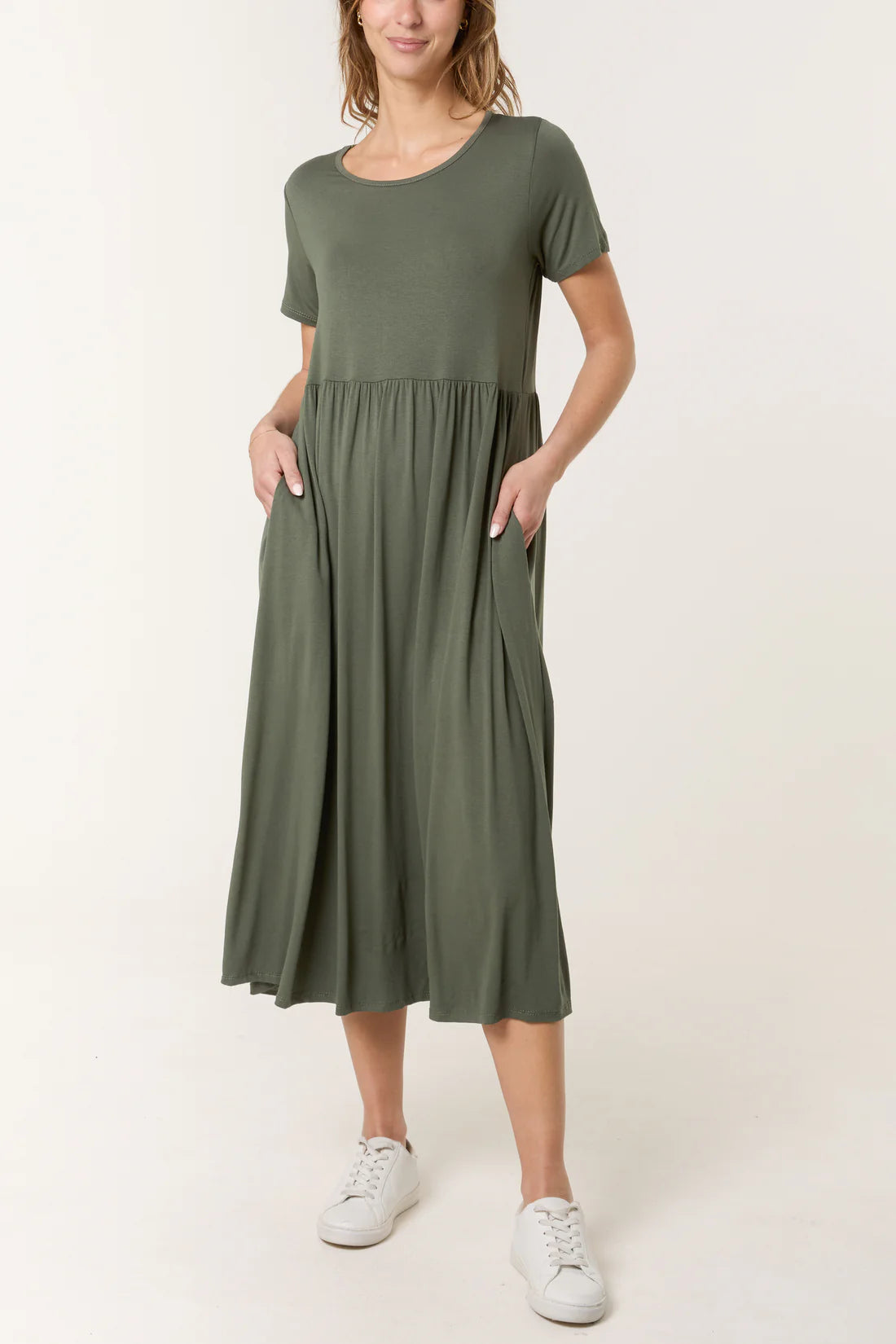 Stretch Tiered Midi Dress – Khaki