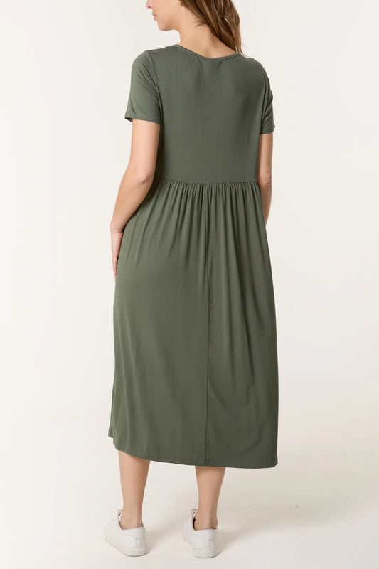 Stretch Tiered Midi Dress – Khaki