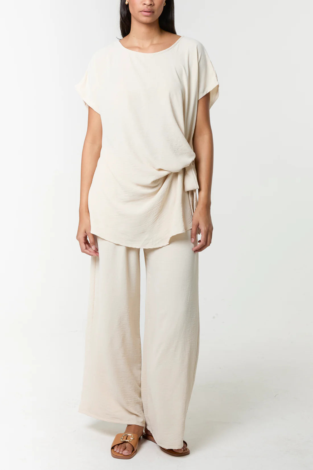 Tie Front Top & Wide Leg Trouser Co-Ord Set - Cream