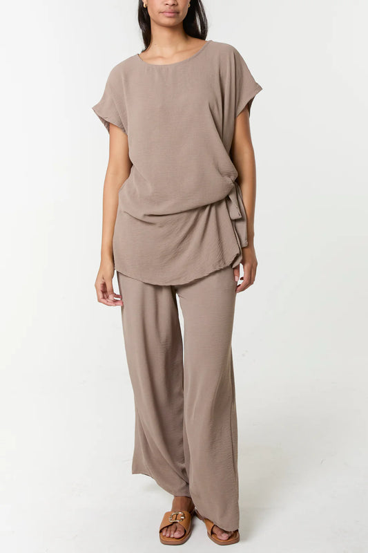 Tie Front Top & Wide Leg Trouser Co-Ord Set - Brown