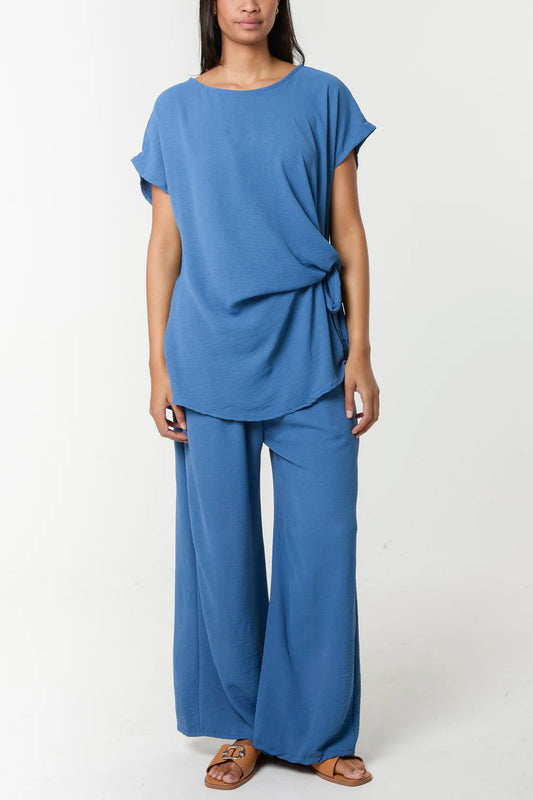 Tie Front Top & Wide Leg Trouser Co-Ord Set - Petrol Blue