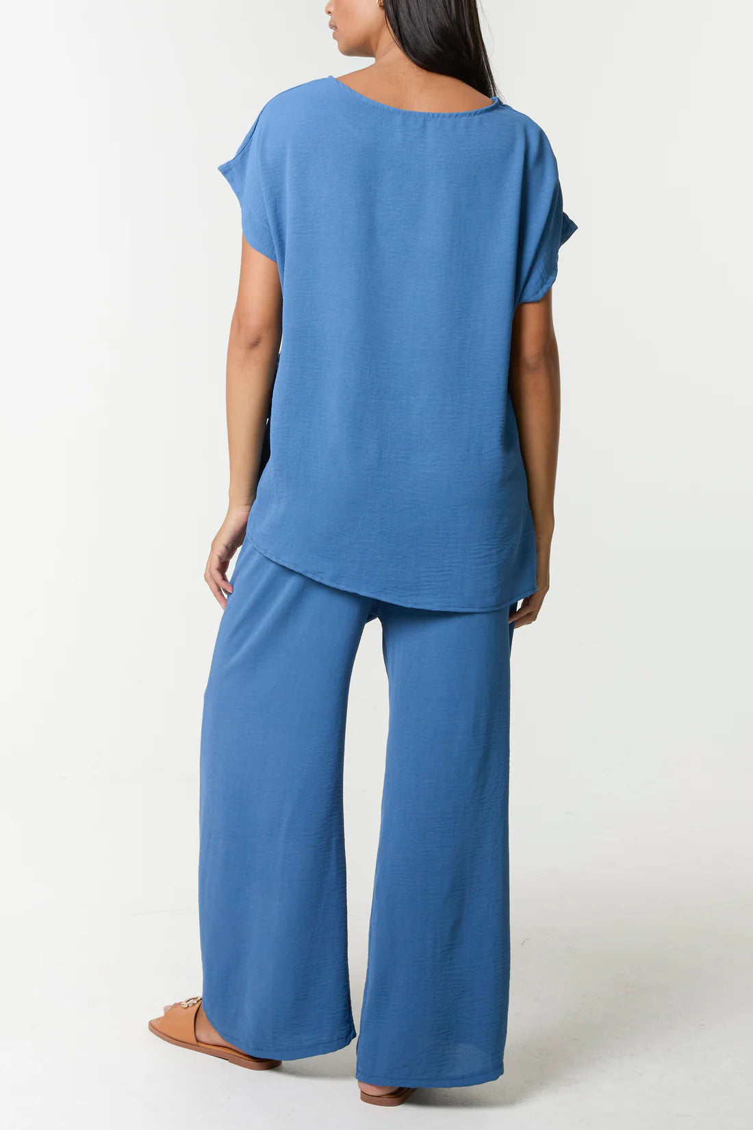 Tie Front Top & Wide Leg Trouser Co-Ord Set - Petrol Blue