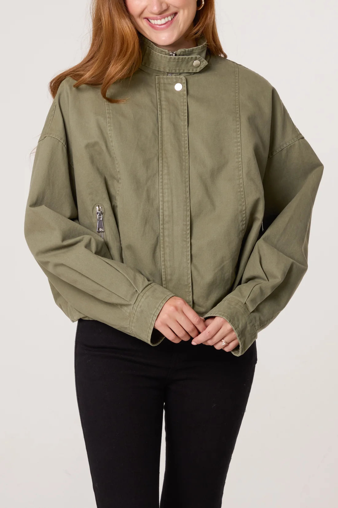 Khaki Oversized Bomber Jacket - front close up detail