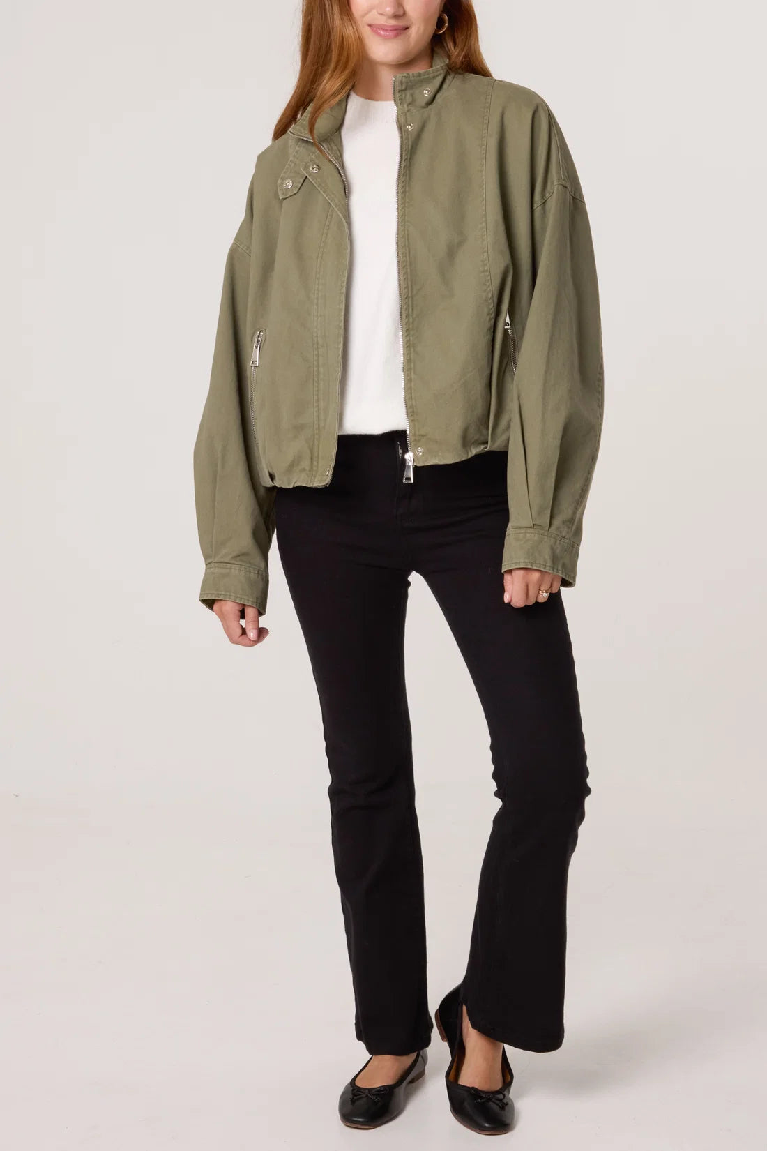 Khaki Oversized Bomber Jacket - front full length view