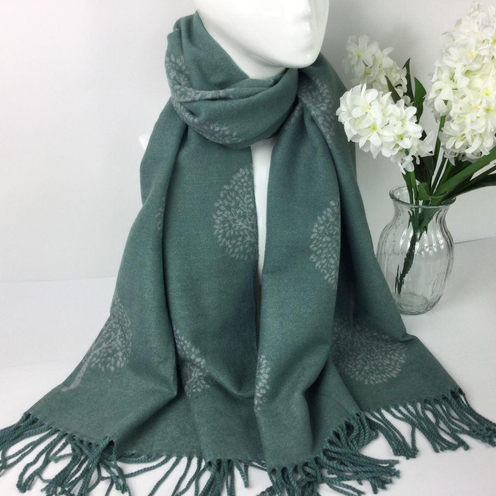 Cashmere blend Tree of Life Reversable Scarf - Beige & Grey