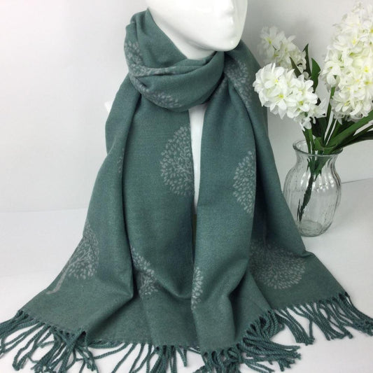 Cashmere blend Tree of Life Reversable Scarf - Pale Green & Grey