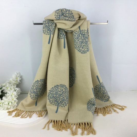 Cashmere Blend Tree of Life Reversible Scarf — Blue & Cream