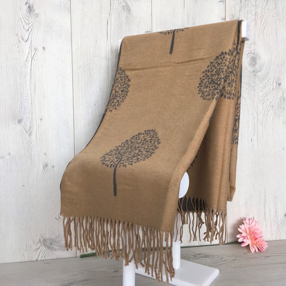 Cashmere blend Tree of Life Reversable Scarf - Beige & Grey
