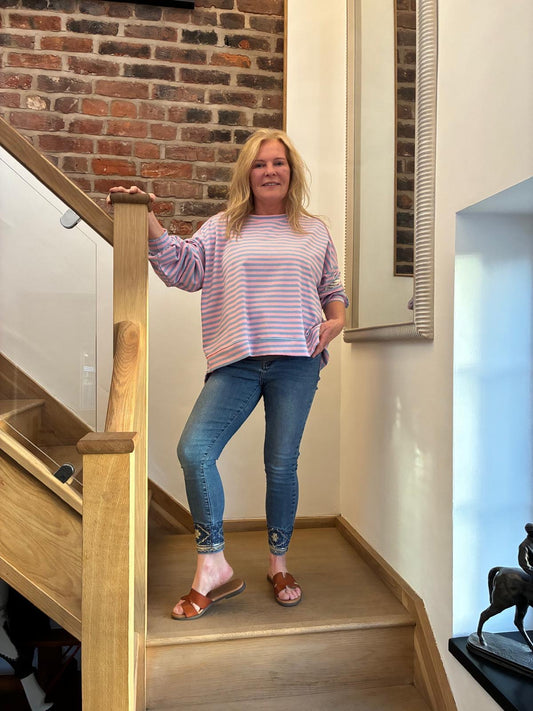 Stripe Slogan Sweatshirt – Blue & Pink